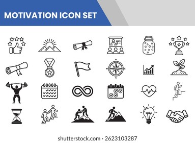 Motivation and Personal Growth Line Icons – Vector Outline Set of Goal Setting, Achievement, Teamwork, Upward Trend Graph, Passion, Perseverance, and Success Symbols
