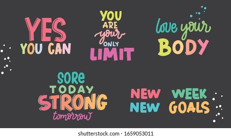 Motivation phrases,  love your body, yes you can, new goals, you are your only limit, sport quotes,  motivational posters