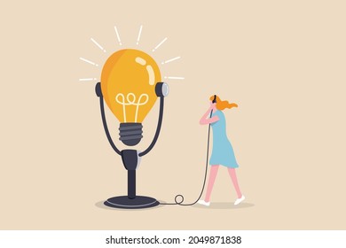 Motivation podcast, listen to inspiration idea for self improvement and career development, success story concept, inspired woman using headphone to listen to big lightbulb idea podcast microphone.