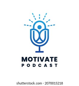 Motivation podcast logo vector with people and microphone symbol