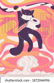 Motivation poster about 2020 year. Cat hanging on brunch with toilet paper. Hang in there lettering