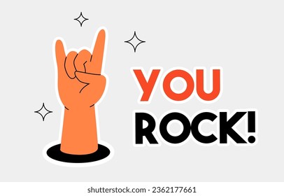 Motivation poster design with hand in you rock gesture, and with text Good Work. Vector hand drawn illustration. Sticker or badge template.  