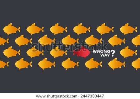 Motivation poster Wrong way, move against the crowd, to be different, unique personality or standing out from the crowd, leadership quality. 