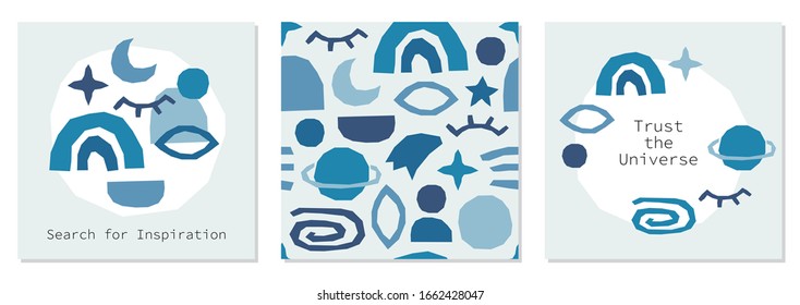 Motivation posters as creative trendy abstract collage background in minimal flat style with simple hand drawn shapes ideal for social media templates, neutral colors for your decoration