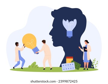 Motivation problem, mental health and psychotherapy. Tiny people carry bright light bulb, change broken lamp inside abstract head at therapy session from psychologist cartoon vector illustration