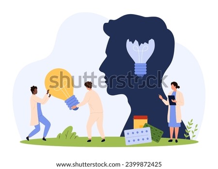 Motivation problem, mental health and psychotherapy. Tiny people carry bright light bulb, change broken lamp inside abstract head at therapy session from psychologist cartoon vector illustration