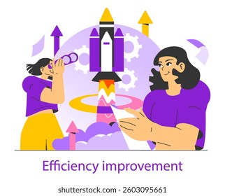 Motivation and productivity drive efficiency improvement. Aspiring individuals explore innovative solutions while expressing ideas and goals. The illustration emphasizes growth, teamwork, and