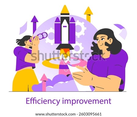 Motivation and productivity drive efficiency improvement. Aspiring individuals explore innovative solutions while expressing ideas and goals. The illustration emphasizes growth, teamwork, and