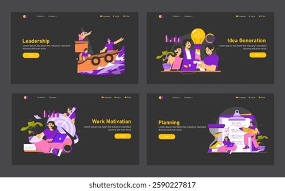 Motivation and productivity are key themes represented through leadership, idea generation, work motivation, and planning. These visual elements engage viewers in processes crucial for success and