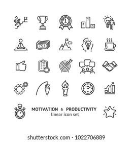Motivation And Productivity Signs Black Thin Line Icon Set Include Of Goal, Idea, Plan, Success And Teamwork. Vector Illustration