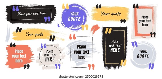 Motivation quote frames, inspiration phrases speech boxes, comment bubbles in grunge brush style. Important message, quotation textbox creative borders, useful information blocks vector illustration