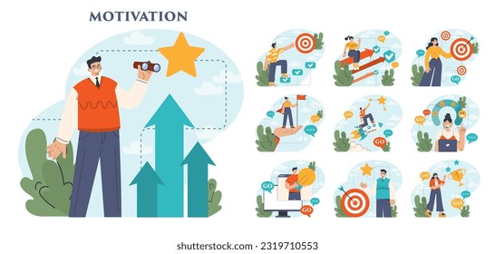 Motivation set. Ambitious character set and achieve the goal. Persistence and responsibility towards a objective. Success in challenges overcoming, inspirational progress. Flat vector illustration