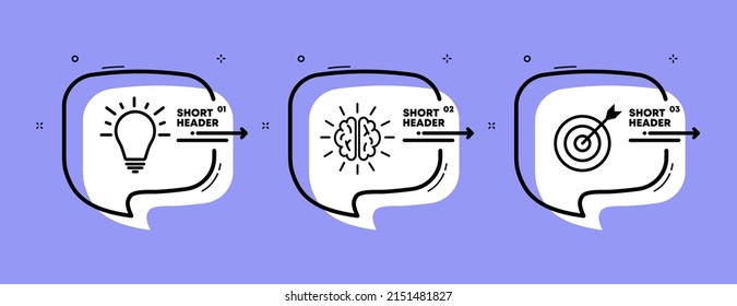 Motivation Set Icon. Lamp, Brain, Target. Idea, Thinking, Implementation. Positive Think Concept. Infographic Timeline With Icons And 3 Steps. Vector Line Icon For Business And Advertising.