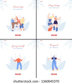 Motivation Social Landing Page Flat Template Set in Floral Music Fest Design with Having Fun Dancing Enjoying Recreation Leisure Outdoors Man Woman Vector Illustration Characters Inspiration Wisdom