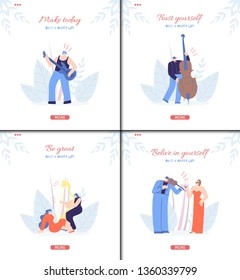 Motivation Social Landing Page Set in Trendy Festival Style with Inspirational Phrase Slogan Wisdom and Having Fun People Listening Classic Music on Floral Vector Illustration Copy Banner Space