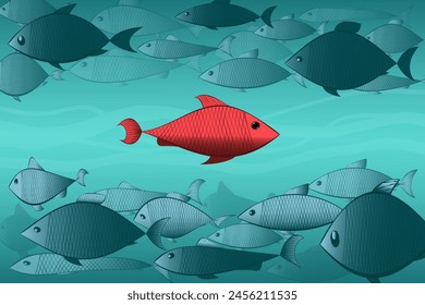 Afiche de la sociedad de motivación con peces, moverse contra la multitud, para ser diferente, personalidad única o destacarse de la multitud, calidad de liderazgo.