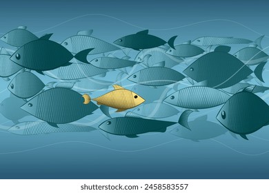 Afiche de la sociedad de motivación con peces, moverse contra la multitud, para ser diferente, personalidad única o destacarse de la multitud, calidad de liderazgo.