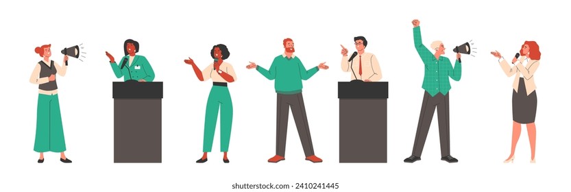 Motivation speakers, people on stage, set of vector illustration isolated on white background. Business-dressed male and female politicians with microphones speaks from the stage, flat cartoon style