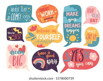 Motivation speech bubbles collection. Doodle speech bubbles with slogans. Perfect for the design of mugs, gifts, textiles, cards, banners, posters, web and more. Vector illustration