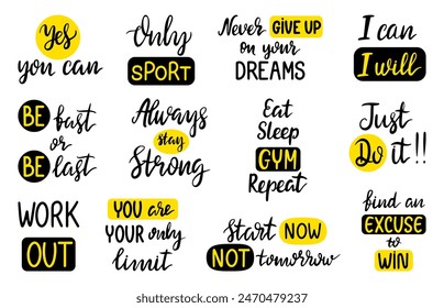 Motivación y frases deportivas. Elementos motivacionales positivos de letras, diseño de tipografía de escritura a mano. Campeonato, eslóganes de amor propio conjunto de Vector neoteric