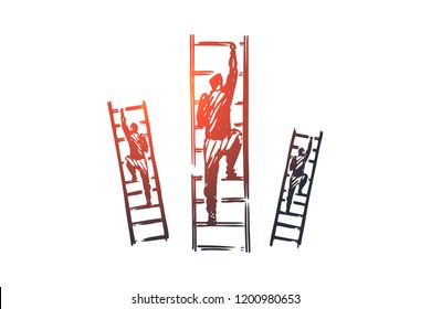 Motivation, stairs, success, career, goal concept. Hand drawn businessman climbs the stairs concept sketch. Isolated vector illustration.