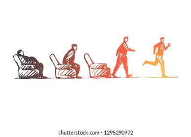 Motivation, startup, sport, fitness, run concept. Hand drawn fat lazy person stand up and run concept sketch. Isolated vector illustration.