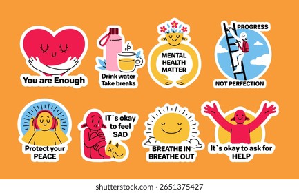 Motivation stickers. Mental health awareness. Positive mind. Wellness messages. Psychology healing badge. Self-care and recovery. Emotional support. Motivational text phrases. Vector cartoon icons set
