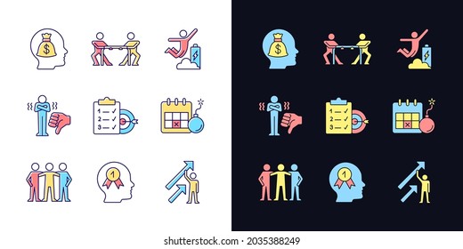 Motivation stimulus light and dark theme RGB color icons set. Money reward. Positive dynamics. Team member. Isolated vector illustrations on white and black space. Simple filled line drawings pack