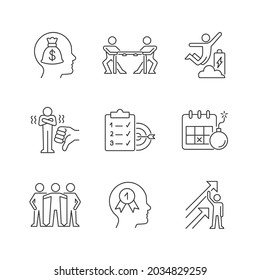 Iconos lineales de estímulo de motivación. Deseo de ganar. Dinámica positiva. Miembro del equipo. Logro de los objetivos. Símbolos de contorno de línea delgada personalizables. Ilustraciones aisladas del contorno vectorial. Trazo editable