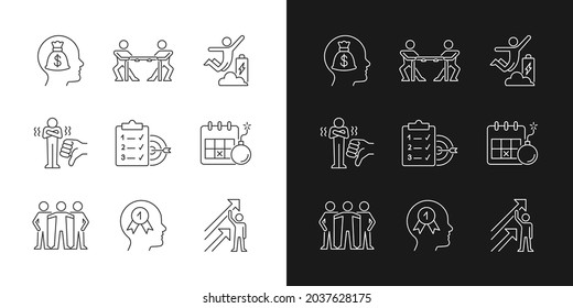 Iconos lineales de estímulo de motivación establecidos para el modo oscuro y luminoso. Miembro del equipo y del grupo. Logro de los objetivos. Símbolos de línea delgada personalizables. Ilustraciones aisladas del contorno vectorial. Trazo editable