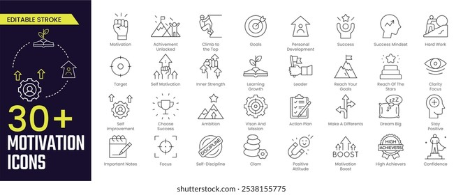 Icono de trazo de motivación colecciones. Conteniendo Motivación, Logro, Objetivos, Éxito, Desarrollo, Éxito, Mentalidad, Visión Y Misión, Almeja, y Enfoque iconos. Icono de trazo editable colección Esquema