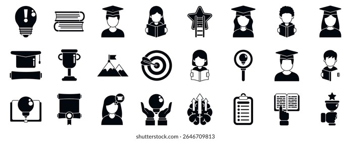 Motivation study icons set. Collection of icons representing education, learning, graduation, knowledge, personal growth and academic success