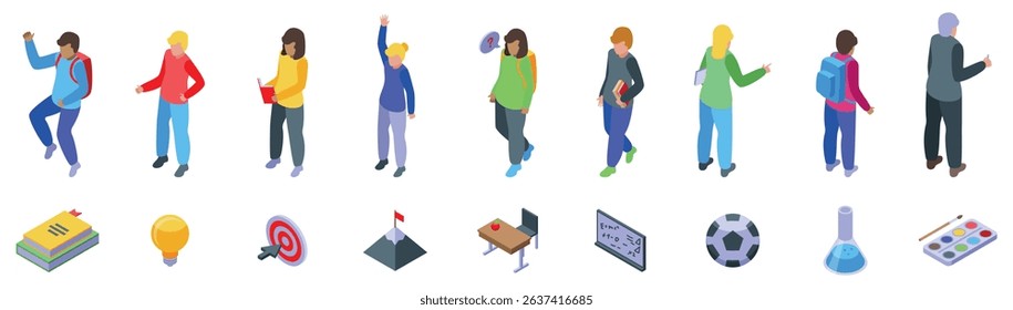 Motivation study icons set. Diverse group of school students engaging in various learning activities, showcasing education, growth, and achievement