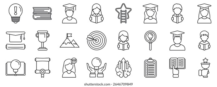 Motivation study icons set. Education icons showing students graduating, reading, and achieving goals, symbolizing learning, growth, and success