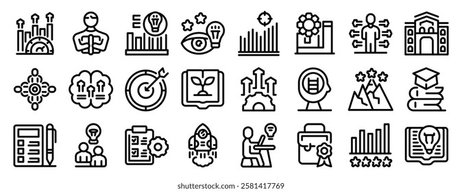  Motivation study icons set. Line icons representing personal and professional growth, goal setting, education, skill development and business success