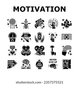 motivation succes challenge icons set vector. business team, man high, freedom potential, leader up work career, people leadership motivation succes challenge glyph pictogram Illustrations