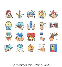 motivation succes challenge icons set vector. business team, man high, freedom potential, leader up work career, people leadership motivation succes challenge color line illustrations