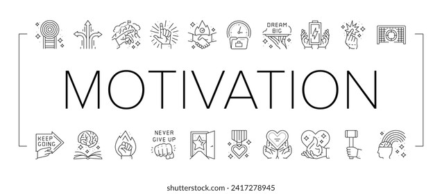 motivation succes challenge icons set vector. business team, man high, freedom potential, leader up work career, people leadership motivation succes challenge black line illustrations