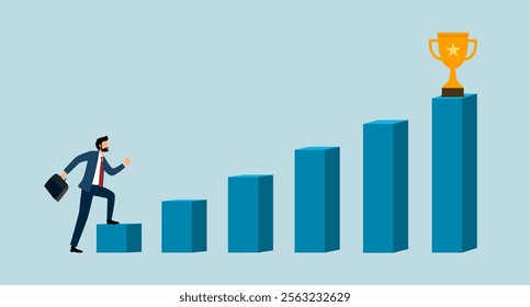 Motivation for success in business or achievement of business goal. Confident businessman climbing the ladder to the top for the prize of winner trophy.