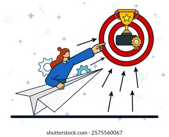 Motivation of success concept. Target achievement, reaching goal or success, planning strategy, challenge or aspiration to win. Businesswoman people riding paper airplane. 