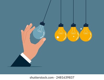 Motivation to success. Hand businessman holding old light bulb to hit other bright light bulbs. Change to better career. Transformation to new opportunity. Flat vector illustration