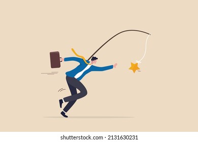 Motivation To Success, Incentive Or Reward To Motivate Employee, Chasing For Reward Or Work Success, Aspiration Concept, Ambitious Businessman Running With Carrot Stick Trying To Grab Star Prize Award