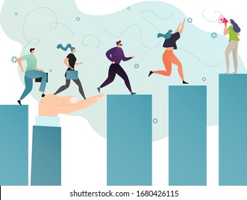 Motivation successful business people, team leader goal concept vector illustration. Entrepreneur career achievement, men women cartoon characters running upwards to achieve graph chart bars report - Shutterstock ID 1680426115
