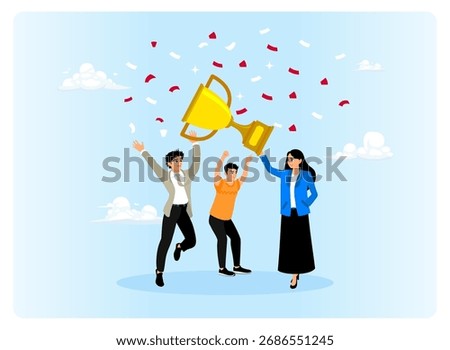 Motivation teamwork and the ambition to succeed. Happy business teams work together and celebrate their successes with trophies and confetti.