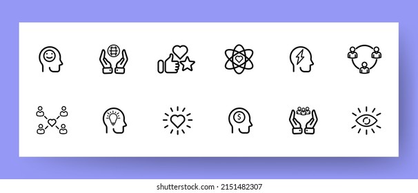 Motivation think set icon. Mood, career, like, feedback, energy, heart, eye, money, etc. Business concept. Vector line icon for Business and Advertising.