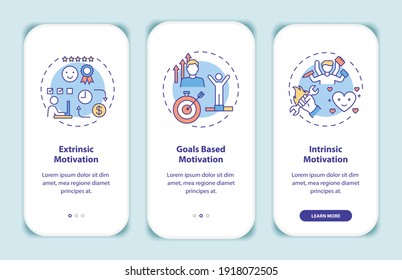 Motivation types onboarding mobile app page screen with concepts. Extrinsic and intrinsic motivation walkthrough 3 steps graphic instructions. UI vector template with RGB color illustrations