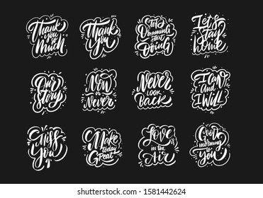 Motivation typography phrases set. Hand drawn vector illustration. Isolated on black background.