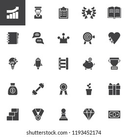 Motivation vector icons set, modern solid symbol collection, filled style pictogram pack. Signs, logo illustration. Set includes icons as Business growing graph, Student, Piggy bank, Trophy, Money bag