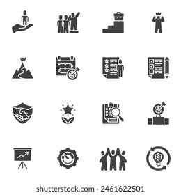 Conjunto de iconos vectoriales de motivación, colección de símbolos sólidos modernos, paquete de pictogramas de estilo relleno. Señales, ilustración del logotipo. El conjunto incluye iconos como liderazgo, asociación, objetivos y logros, trabajo en equipo