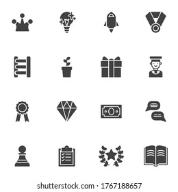 Motivation vector icons set, success business modern solid symbol collection, filled style pictogram pack. Signs logo illustration. Set includes icons as crown, idea lamp, rocket launch, strategy plan